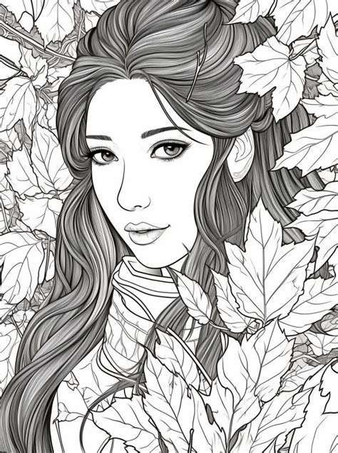 a girl with long hair surrounded by leaves