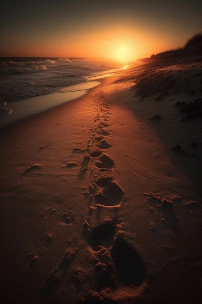 Premium AI Image | A sunset on the beach with footprints in the sand