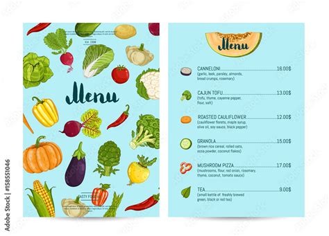 Vegan cafe food menu design vector illustration. Vegetarian restaurant menu, price catalog ...