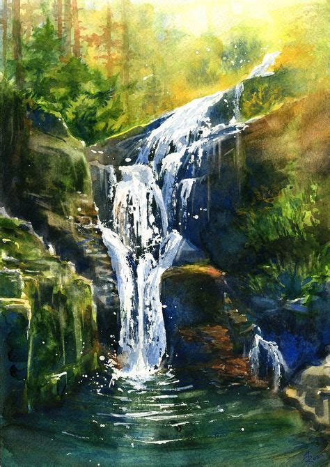 Waterfall Kamienczyka by JoaRosa on DeviantArt in 2020 | Waterfall paintings, Watercolor ...