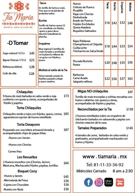 Menu at Tía María restaurant, Monterrey, Av Paseo de los Leones 2900