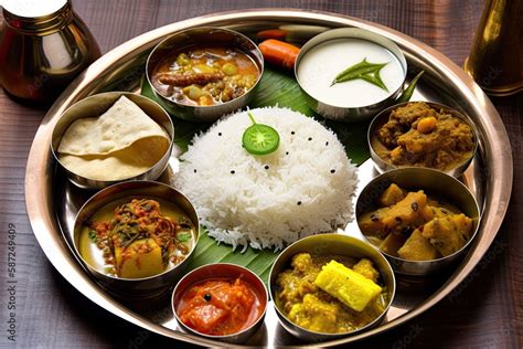 Traditional Bengali cuisine and food meal thali of West Bengal, India. Bengali food thali in ...