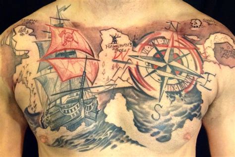 Pirate ship chest tattoo | Chest piece tattoos, Half sleeve tattoos ...