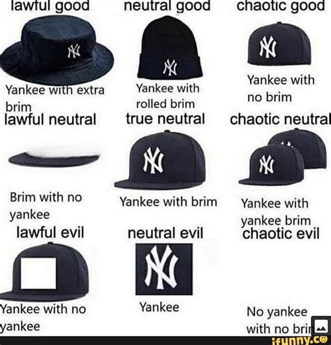 Ch no brim Yankee with extra Yankee with brim rolled brim lawful neutral true neutral chaotic ...