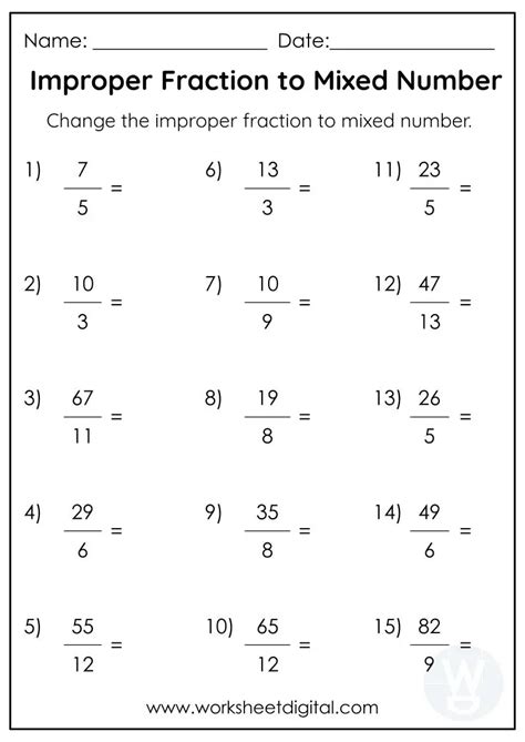 Improper Fraction to Mixed Number - Worksheet Digital