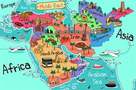 Middle East Countries Map in Cartoon Style | Middle east map, Map, Country maps