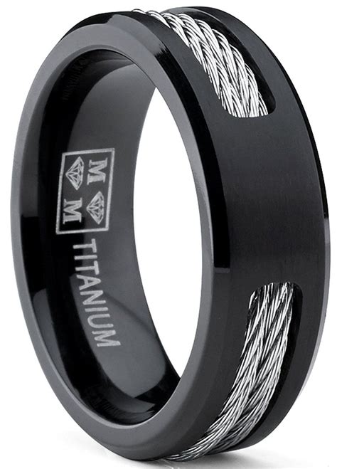 Black Titanium ring Wedding band with Stainless Steel Cables sizes 7 to 12 | Black titanium ring ...