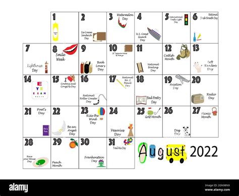 August 2022 illustrated monthly calendar of quirky holidays and unusual celebrations in colorful ...