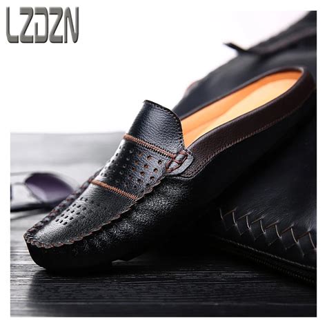 The British men's leather shoes summer lazy beans backless slippers sandals Mens foot sandals ...