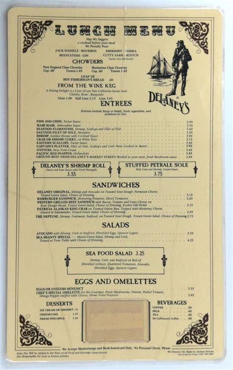 1980's Vintage Laminated Lunch Menu DELANEY'S Restaurant Orange County Chain CA Vintage ...