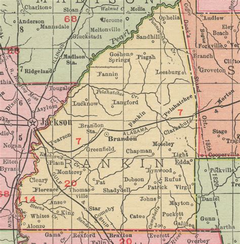 Rankin County, Mississippi, 1911, Map, Rand McNally, Brandon, Pelahatchee, Florence