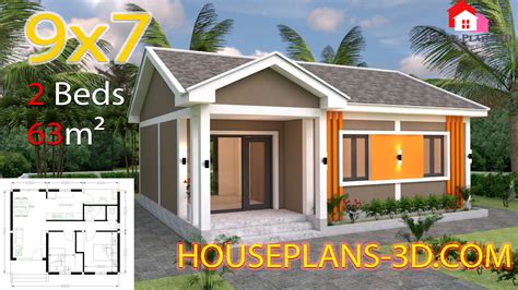 House Plans 9x7 with 2 Bedrooms Gable Roof - House Plans 3D