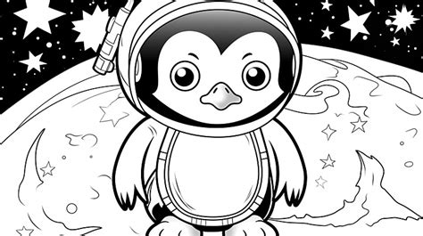 Coloring Book For Kids With A Cute Penguin In The Space Galaxy ...