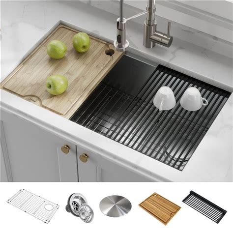 Évier de cuisine simple sous plan avec plan de travail Kore de Kraus 32 po acier inoxydable ...