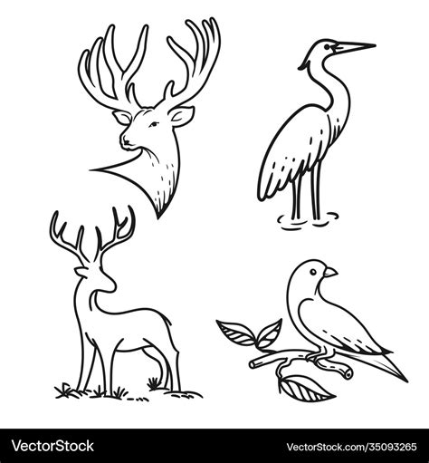 Line art animals set doodle bird deer Royalty Free Vector