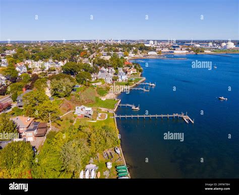 Edgewood Beach aerial view from Providence River near river mouth to Narragansett Bay, with ...
