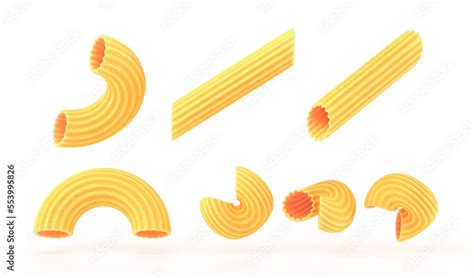 Pasta and macaroni of different shapes 3d render icons set. Realistic mockup of Italian dry ...