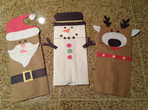 Christmas craft. Paper bag hand puppets. Easy and cheap. Construction paper and glue. Christmas ...