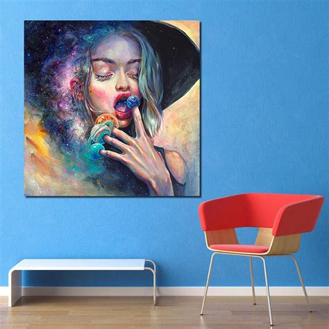 QKART Wall Art Girl and Planet Abstract Oil Painting on Canvas Wall ...
