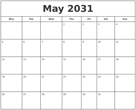 May 2031 Print Free Calendar