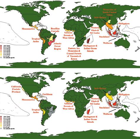 Map of the top 25 biodiversity hotspots (from ref. 4) containing ...