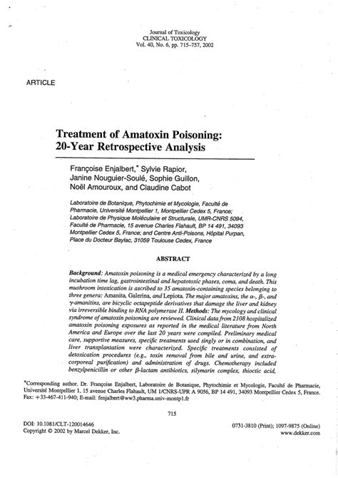 (PDF) Treatment of Amatoxin Poisoning: 20-Year Retrospective Analysis