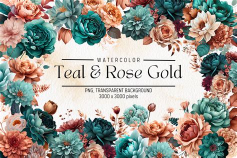 Teal & Rose Gold Flowers Watercolor Graphic by FOLV · Creative Fabrica