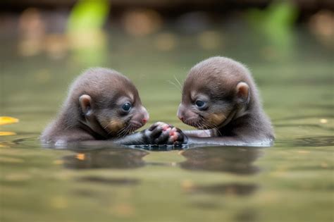 Premium AI Image | Baby otters floating on river holding hands and ...