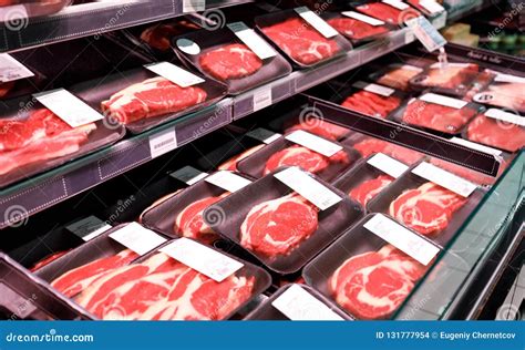 Showcase Meat Raw Products in a Supermarket Stock Photo - Image of beef ...