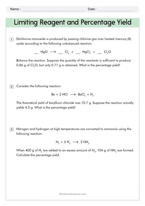 Free Printable Limiting Reactant and Percent Yield Worksheets