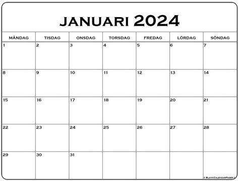 januari 2024 kalender Svenska | Kalender januari