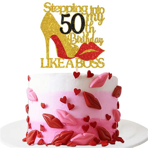 Buy INNORU Gold Red Glitter Stepping into 50 Cake Topper - 50th Birthday Cake Decor - Stepping ...