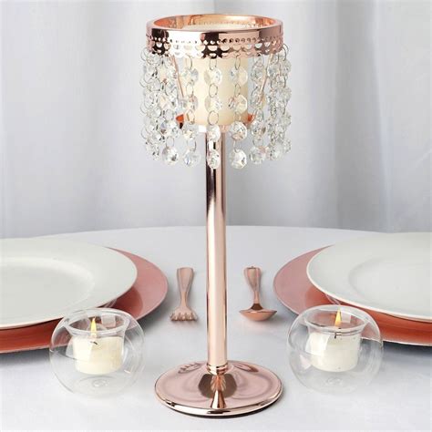 12" Blush | Rose Gold Crystal Beaded Chain Votive Tealight Candle Holder With Metal Stand in ...