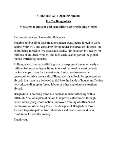 Opening Speech Sample - It helps you in CHEMUN - CHEMUN XIII Opening Speech HRC – Bangladesh ...