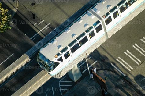 Aerial view of the Seattle monorail running through the city in ...