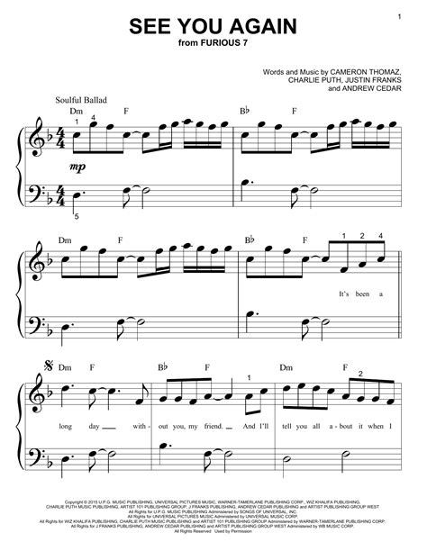 See You Again (feat. Charlie Puth) (Big Note Piano) - Sheet Music