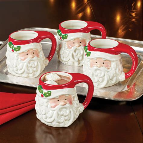Cheerful Santa Claus Holiday Mugs with Hat Handle - Set of 4 - Festive Seasonal Drinkware ...