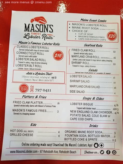 Carta del restaurante Mason's Famous Lobster Rolls, Rehoboth Beach