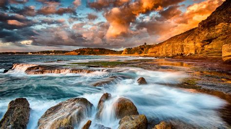 Wallpaper : nature, landscape, water, long exposure, rocks, clouds, sky, mountains, town, beach ...