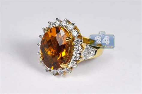 Womens Citrine Diamond Cocktail Flower Halo Ring 18K Yellow Gold