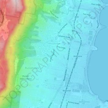 Woonona topographic map, elevation, relief