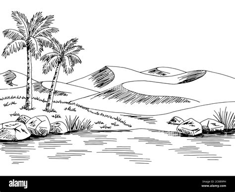 Desert river graphic black white landscape sketch illustration vector ...