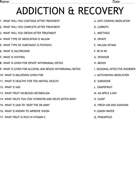 ADDICTION & RECOVERY Worksheet - WordMint