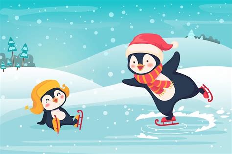 Premium Vector | Penguin ice skating outdoor. sport and leisure concept illustration