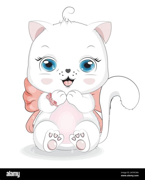 Happy white cat girl, kitten with bow. Picture in hand drawing cartoon style, for t-shirt wear ...