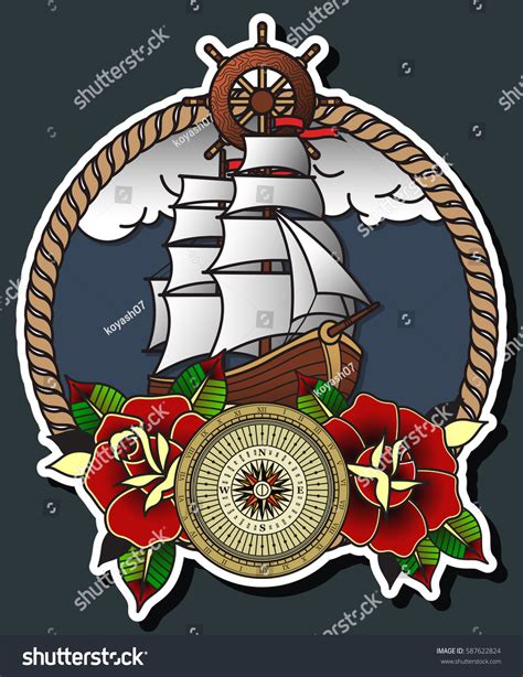 Vector Sailing Ship Traditional Tattoo Design Stock Vector (Royalty ...