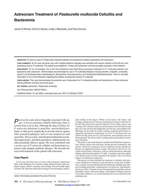 (PDF) Aztreonam Treatment of Pasteurella Multocida Cellulitis and Bacteremia