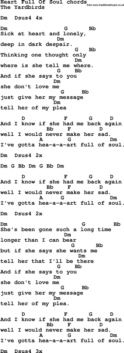 Song lyrics with guitar chords for Heart Full Of Soul