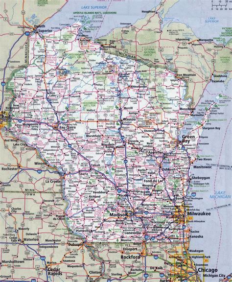 Laminated Map - Large detailed roads and highways map of Wisconsin ...