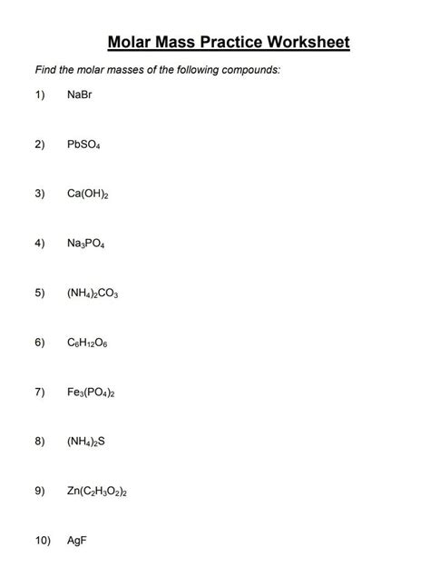 Solved Molar Mass Practice Worksheet Find the molar masses | Chegg.com